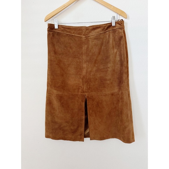 Vintage Banana Republic Brown Suede Leather Midi Skirt 12 - Picture 2 of 5